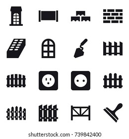 16 vector icon set : building, fence, block wall, brick wall, brick, arch window, construction, power socket, farm fence, scraper
