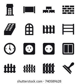 16 vector icon set : building, fence, block wall, brick wall, brick, arch window, watch, power socket, power switch, scraper