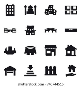 16 vector icon set : building, minaret, modern architecture, panel house, school, japanese house, bridge, level, building helmet, stadium, shop, home, garage, grain elevator, housing