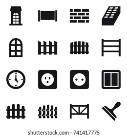 16 vector icon set : building, fence, brick wall, brick, arch window, watch, power socket, power switch, farm fence, scraper