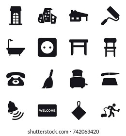 16 vector icon set : building, modern architecture, house with garage, repair, bath, power socket, stool, chair, phone, broom, toaster, cutting board, bell, welcome mat, rag, vacuum cleaner