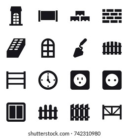 16 vector icon set : building, fence, block wall, brick wall, brick, arch window, construction, watch, power socket, power switch, farm fence