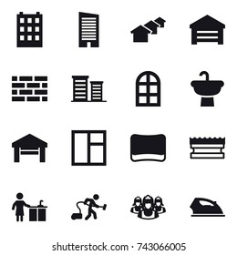 16 vector icon set : building, skyscraper, houses, garage, brick wall, district, arch window, window, sponge, kitchen cleaning, vacuum cleaner, outsource, iron