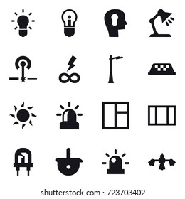 16 vector icon set : bulb, bulb, bulb head, table lamp, laser, infinity power, outdoor light, taxi, sun, alarm, window, window, hard reach place cleaning