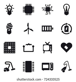 16 vector icon set : bulb, chip, windmill, battery, battery charge, cpu, electrostatic, tv, vacuum cleaner