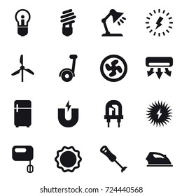 16 vector icon set : bulb, table lamp, lightning, windmill, segway, cooler fan, air conditioning, fridge, iron