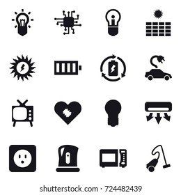 16 vector icon set : bulb, chip, sun power, battery, battery charge, electric car, tv, air conditioning, power socket, kettle, vacuum cleaner