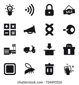 16 vector icon set : bulb, wireless, lock, sale, calculator, loudspeaker, mall, cutting board, wasp, trash bin, wiping
