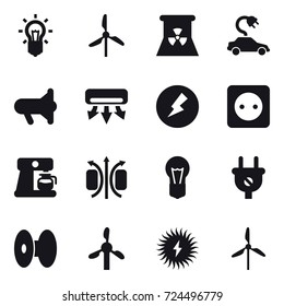 16 vector icon set : bulb, windmill, nuclear power, electric car, megafon, air conditioning, electricity, power socket, coffee maker