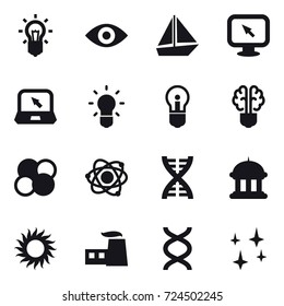16 vector icon set : bulb, eye, boat, monitor arrow, notebook, bulb brain, atom core, atom, dna, goverment house, sun, shining