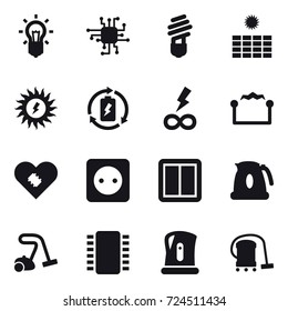 16 vector icon set : bulb, chip, sun power, battery charge, infinity power, electrostatic, power socket, power switch, kettle, vacuum cleaner