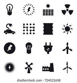 16 vector icon set : bulb, lightning, sun power, nuclear, electric car, chip, sun, electricity, windmill, factory