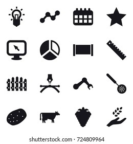 16 vector icon set : bulb, graph, calendar, star, monitor arrow, diagram, fence, ruler, skimmer, cow, berry, harvest