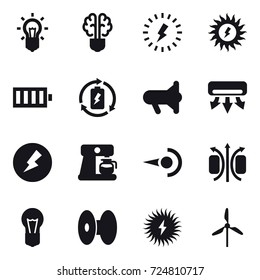 16 vector icon set : bulb, bulb brain, lightning, sun power, battery, battery charge, megafon, air conditioning, electricity, coffee maker, windmill