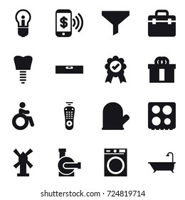 16 vector icon set : bulb, phone pay, funnel, level, invalid, cook glove, windmill, water pump, washing machine, bath