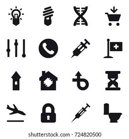 16 vector icon set : bulb, dna, add to cart, equalizer, phone, tower, smart house, arrival, locked, syringe, toilet