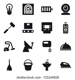 16 vector icon set : bulb, fingerprint, battery, web cam, atm, remote control, vacuum cleaner, broom, bucket, water tap sink, iron