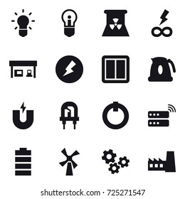 16 vector icon set : bulb, nuclear power, infinity power, gas station, electricity, power switch, kettle, windmill, gears, factory