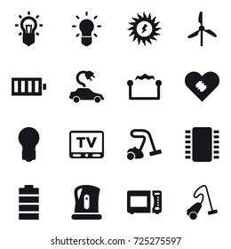 16 vector icon set : bulb, sun power, windmill, battery, electric car, electrostatic, tv, vacuum cleaner, kettle