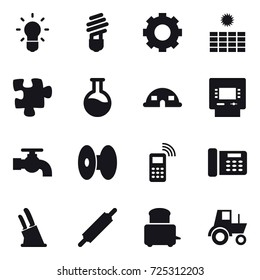 16 vector icon set : bulb, gear, sun power, puzzle, dome house, atm, water tap, knife holder, rolling pin, tractor