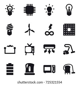 16 vector icon set : bulb, chip, windmill, infinity power, cpu, electrostatic, tv, air conditioning, vacuum cleaner, kettle