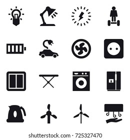 16 vector icon set : bulb, table lamp, lightning, hoverboard, battery, electric car, cooler fan, power socket, power switch, iron board, washing machine, fridge, kettle, windmill, hand dryer