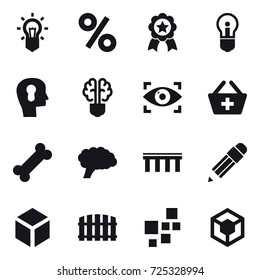 16 vector icon set : bulb, percent, medal, bulb head, bulb brain, eye identity, add to basket, bridge, pencil, 3d, fence