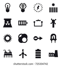 16 vector icon set : bulb, bulb brain, lightning, sun power, nuclear power, battery, electrostatic, windmill, sun, factory