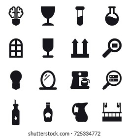 16 vector icon set : bulb brain, wineglass, arch window, bulb, mirror, coffee maker, jug, skyscapers cleaning