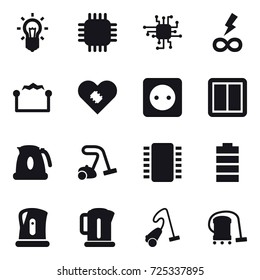 16 vector icon set : bulb, chip, infinity power, electrostatic, power socket, power switch, kettle, vacuum cleaner
