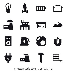 16 vector icon set : bulb, hoverboard, battery, electrostatic, factory, gas station, jet ski, speaker, kettle