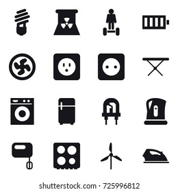16 vector icon set : bulb, nuclear power, hoverboard, battery, cooler fan, power socket, iron board, washing machine, fridge, kettle, windmill, iron