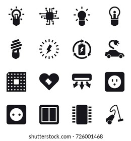 16 vector icon set : bulb, chip, lightning, battery charge, electric car, cpu, air conditioning, power socket, power switch, vacuum cleaner
