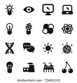 16 vector icon set : bulb, eye, monitor arrow, notebook, atom core, atom, dna, discussion, sun, disco ball, cherry