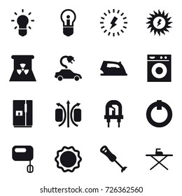 16 vector icon set : bulb, lightning, sun power, nuclear power, electric car, iron, washing machine, fridge, iron board