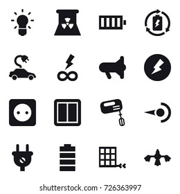 16 vector icon set : bulb, nuclear power, battery, battery charge, electric car, infinity power, megafon, electricity, power socket, power switch, mixer, hard reach place cleaning