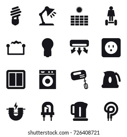16 vector icon set : bulb, table lamp, sun power, hoverboard, electrostatic, air conditioning, power socket, power switch, washing machine, mixer, kettle