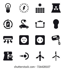 16 vector icon set : bulb, lightning, sun power, nuclear power, battery charge, electric car, electrostatic, air conditioning, power socket, mixer, coffee maker, windmill