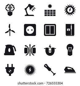 16 vector icon set : bulb brain, table lamp, sun power, windmill, power socket, power switch, fridge, kettle, iron