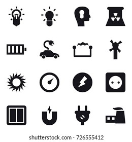 16 vector icon set : bulb, bulb head, nuclear power, battery, electric car, electrostatic, windmill, sun, barometer, electricity, power socket, power switch