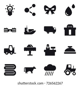 16 vector icon set : bulb, molecule, bow, school, restaurant, reception, service bell, towel, cow, rain cloud, tractor