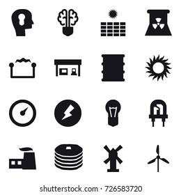 16 vector icon set : bulb head, bulb brain, sun power, nuclear power, electrostatic, gas station, sun, barometer, electricity, windmill