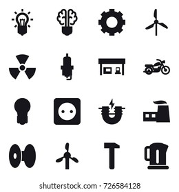 16 vector icon set : bulb, bulb brain, gear, windmill, nuclear, spark plug, gas station, motorcycle, power socket, kettle