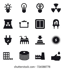 16 vector icon set : bulb, bulb brain, nuclear, nuclear power, electrostatic, power switch, factory, hand drop