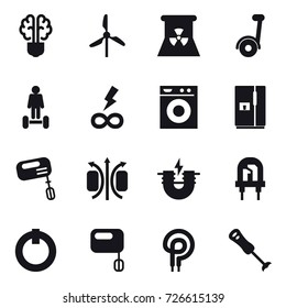 16 vector icon set : bulb brain, windmill, nuclear power, segway, hoverboard, infinity power, washing machine, fridge, mixer