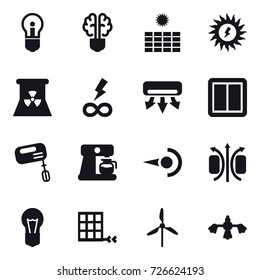 16 vector icon set : bulb, bulb brain, sun power, nuclear power, infinity power, air conditioning, power switch, mixer, coffee maker, windmill, hard reach place cleaning