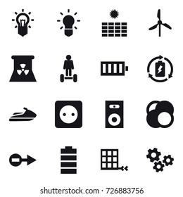 16 vector icon set : bulb, sun power, windmill, nuclear power, hoverboard, battery, battery charge, jet ski, power socket, speaker, gears
