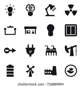 16 vector icon set : bulb, bulb brain, table lamp, nuclear, electrostatic, gas station, power switch, windmill, factory, ecology