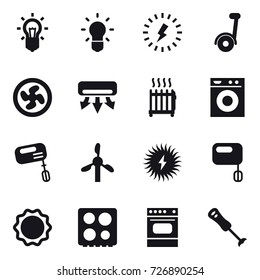 16 vector icon set : bulb, lightning, segway, cooler fan, air conditioning, radiator, washing machine, mixer