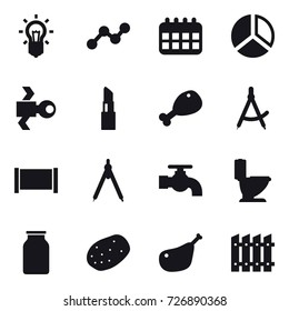 16 vector icon set : bulb, graph, calendar, diagram, satellite, lipstick, chicken leg, draw compass, fence, drawing compass, water tap, toilet